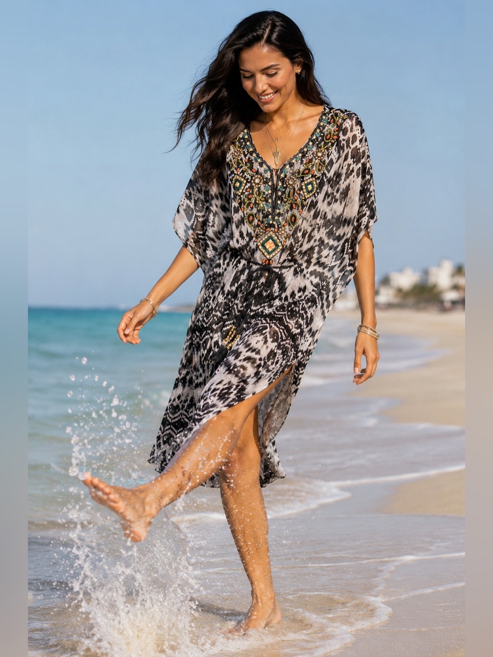H074 Beach L ptp25 Embroidered Black & White Maxi Beaded beach cover up dress